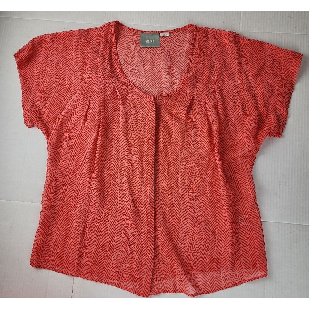 Anthropologie Maeve Silk Blouse M Coral Orange Chevron Print Short Sleeve Boho - Picture 5 of 15